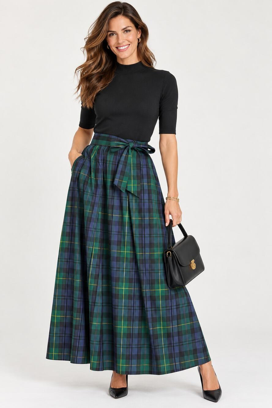 Talbots Taffeta Flare Midi Skirt Sloane Tartan Blue Green Womens Size 14 New
